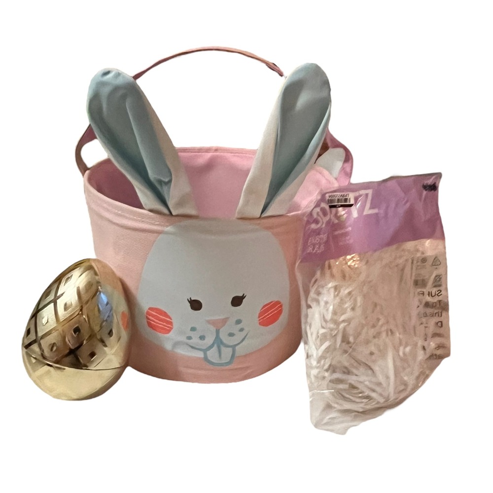 Spritz Easter Bunny Basket Set Pink New Fabric Bucket Gold Egg White Grass - Picture 10 of 10